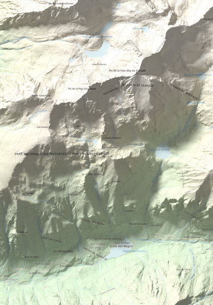 Mapa de relieve de Pic de Contraix, 2958 m, Alta Ribagorça, lámina 100 Cims de Trobart. Detalle de la zona inferior izquierda. 70 × 100 cm.