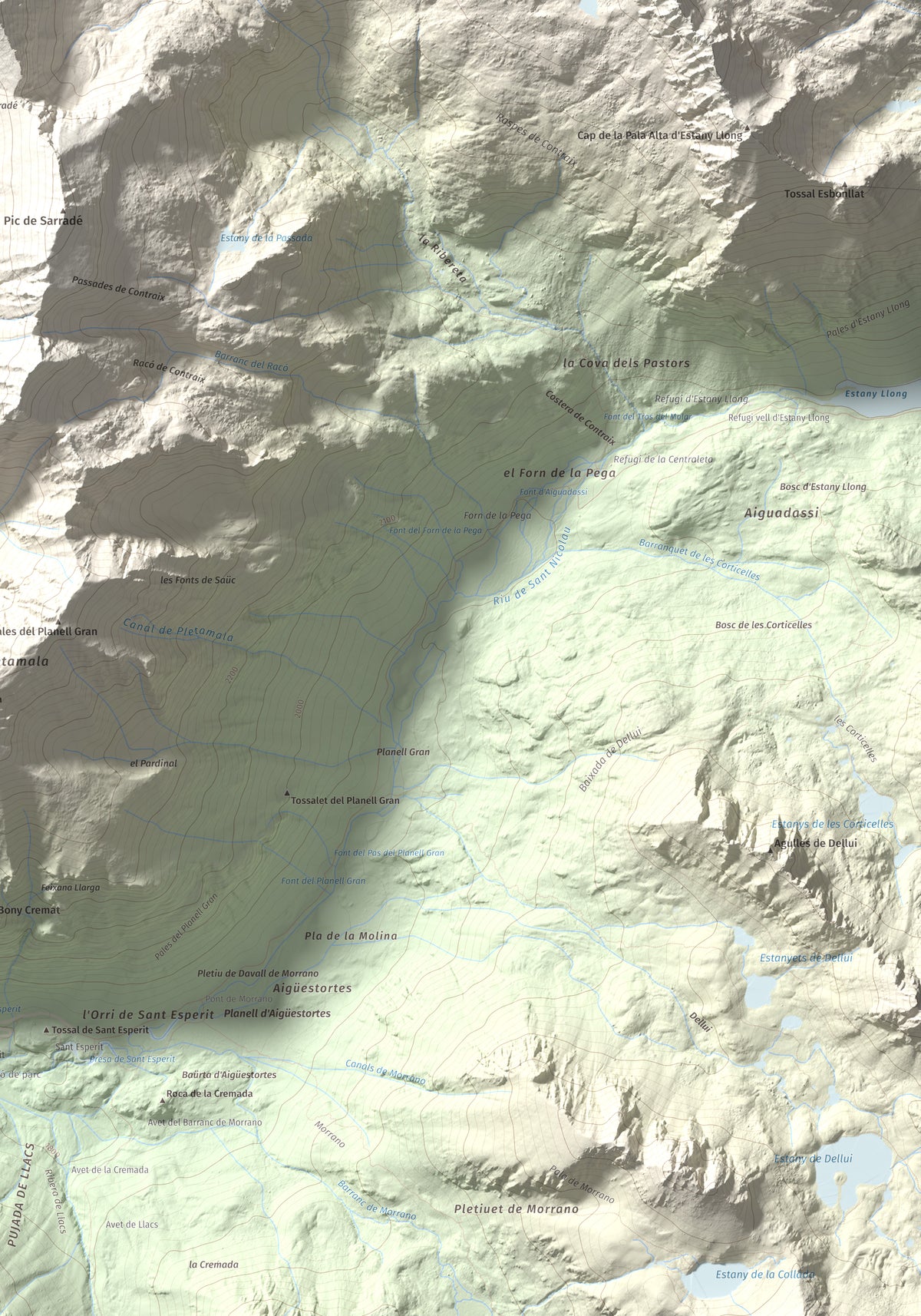 Mapa de relieve de Pic de Contraix, 2958 m, Alta Ribagorça, lámina 100 Cims de Trobart. Detalle de la zona inferior derecha. 70 × 100 cm.