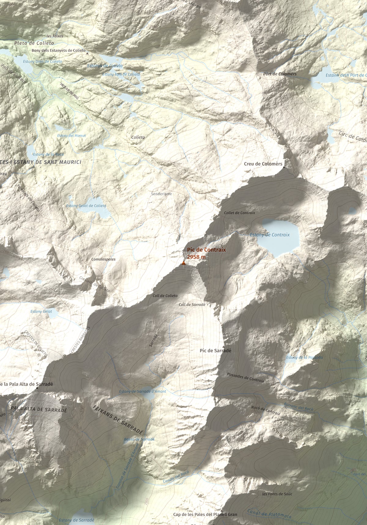Mapa de relieve de Pic de Contraix, 2958 m, Alta Ribagorça, lámina 100 Cims de Trobart. Detalle de la zona central. 70 × 100 cm.