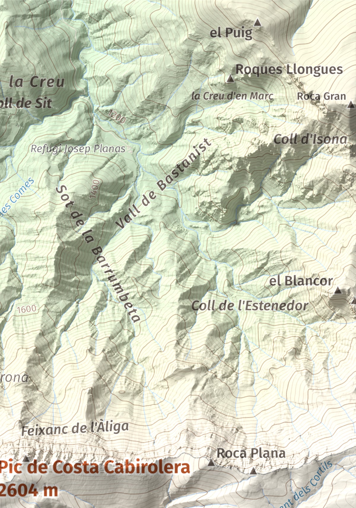 Mapa de relieve de Pic de Costa Cabirolera, 2604 m, Alt Urgell · Berguedà · Cerdanya, lámina 100 Cims de Trobart. Detalle de la zona superior derecha. 21 × 30 cm.