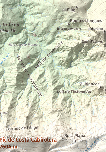 Mapa de relieve de Pic de Costa Cabirolera, 2604 m, Alt Urgell · Berguedà · Cerdanya, lámina 100 Cims de Trobart. Detalle de la zona superior derecha. 21 × 30 cm.