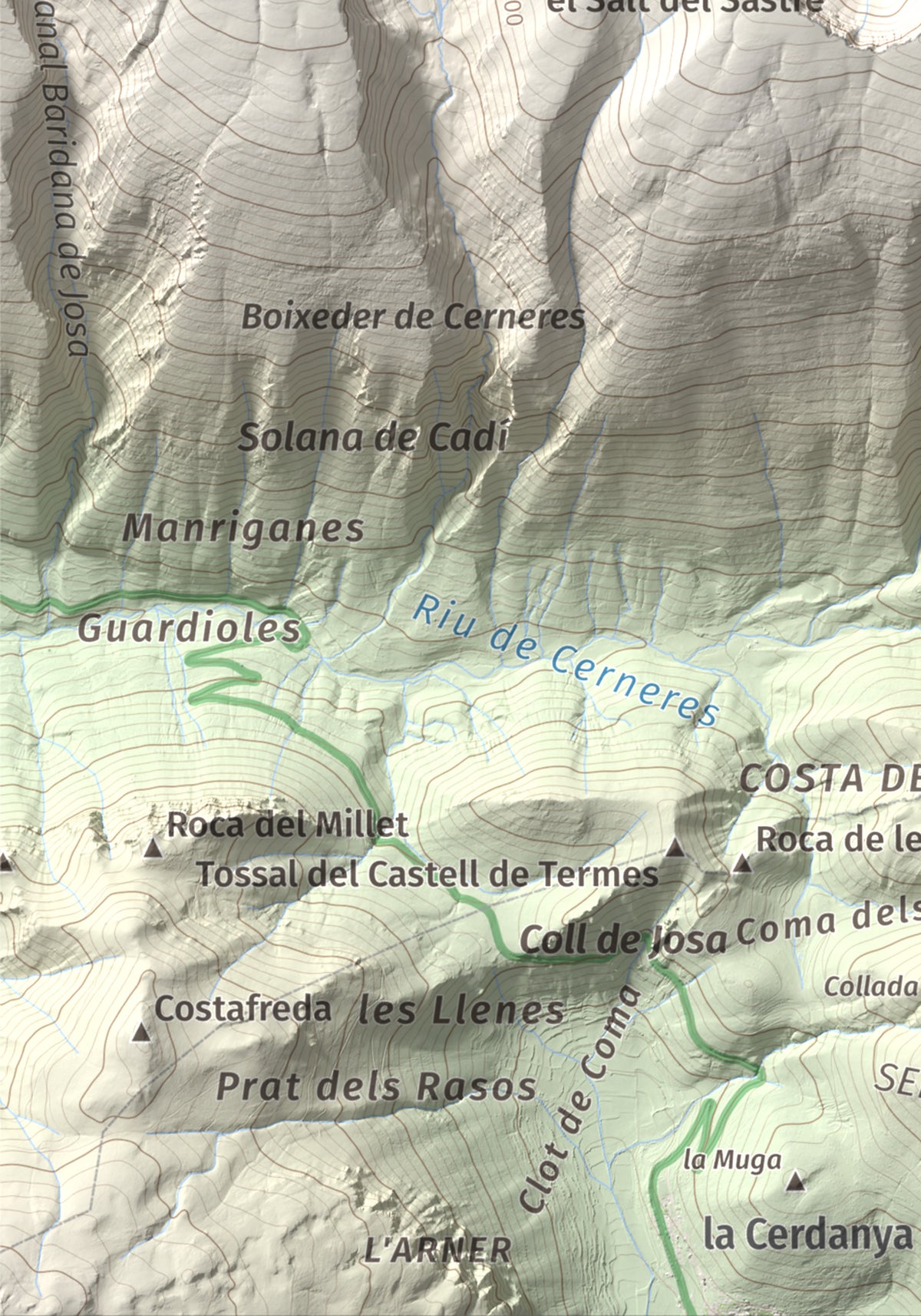 Mapa de relieve de Pic de Costa Cabirolera, 2604 m, Alt Urgell · Berguedà · Cerdanya, lámina 100 Cims de Trobart. Detalle de la zona inferior izquierda. 21 × 30 cm.
