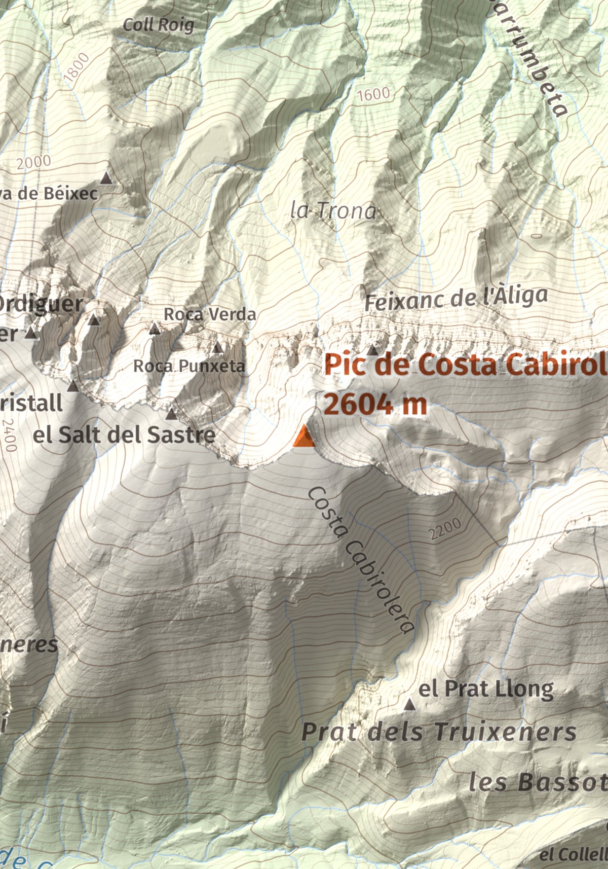 Mapa de relieve de Pic de Costa Cabirolera, 2604 m, Alt Urgell · Berguedà · Cerdanya, lámina 100 Cims de Trobart. Detalle de la zona central. 21 × 30 cm.