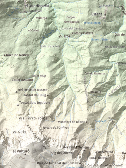 Mapa de relieve de Pic de Costa Cabirolera, 2604 m, Alt Urgell · Berguedà · Cerdanya, lámina 100 Cims de Trobart. Detalle de la zona superior izquierda. 30 × 40 cm.