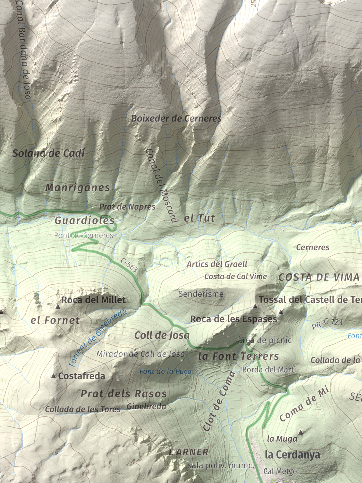 Mapa de relieve de Pic de Costa Cabirolera, 2604 m, Alt Urgell · Berguedà · Cerdanya, lámina 100 Cims de Trobart. Detalle de la zona inferior izquierda. 30 × 40 cm.