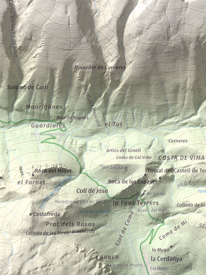Mapa de relieve de Pic de Costa Cabirolera, 2604 m, Alt Urgell · Berguedà · Cerdanya, lámina 100 Cims de Trobart. Detalle de la zona inferior izquierda. 30 × 40 cm.