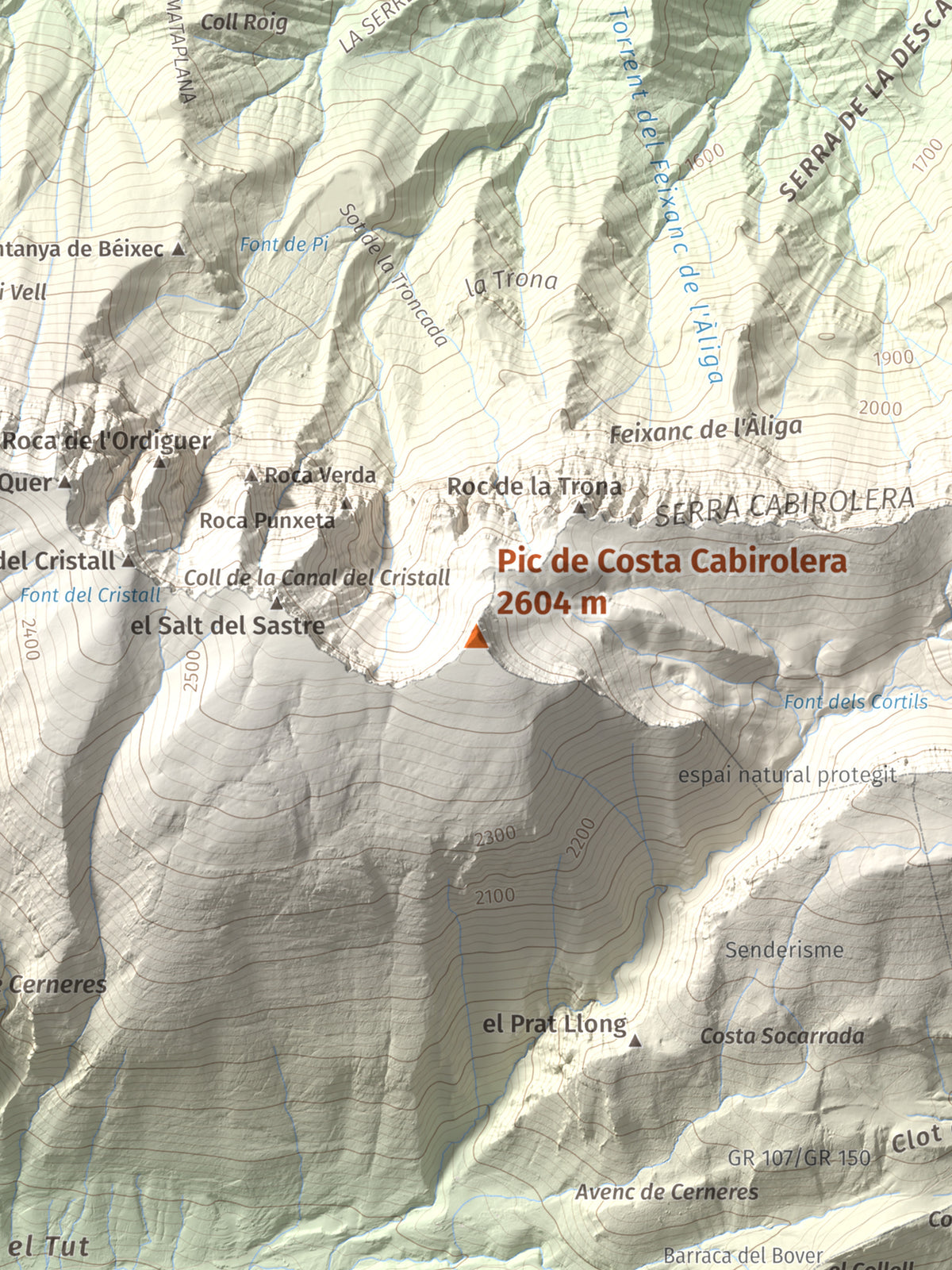 Mapa de relieve de Pic de Costa Cabirolera, 2604 m, Alt Urgell · Berguedà · Cerdanya, lámina 100 Cims de Trobart. Detalle de la zona central. 30 × 40 cm.