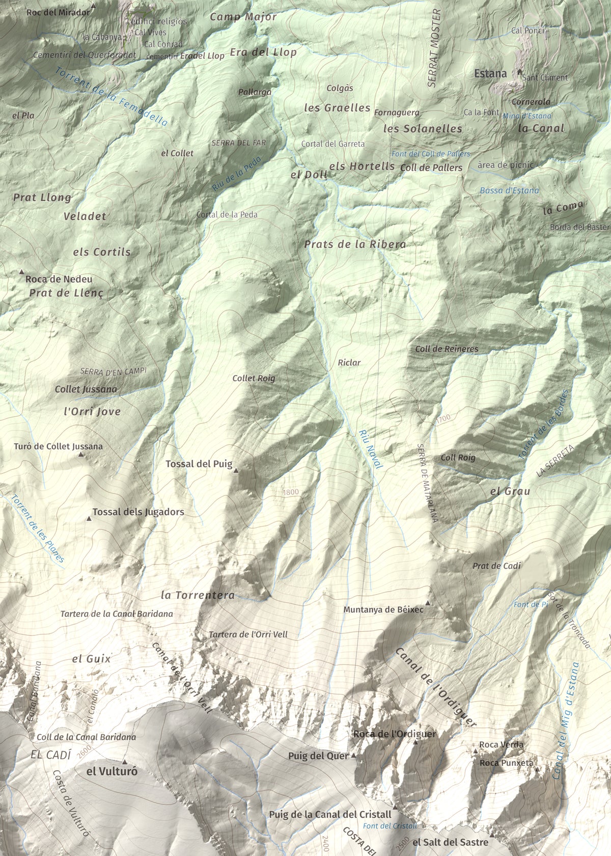 Mapa de relieve de Pic de Costa Cabirolera, 2604 m, Alt Urgell · Berguedà · Cerdanya, lámina 100 Cims de Trobart. Detalle de la zona superior izquierda. 50 × 70 cm.