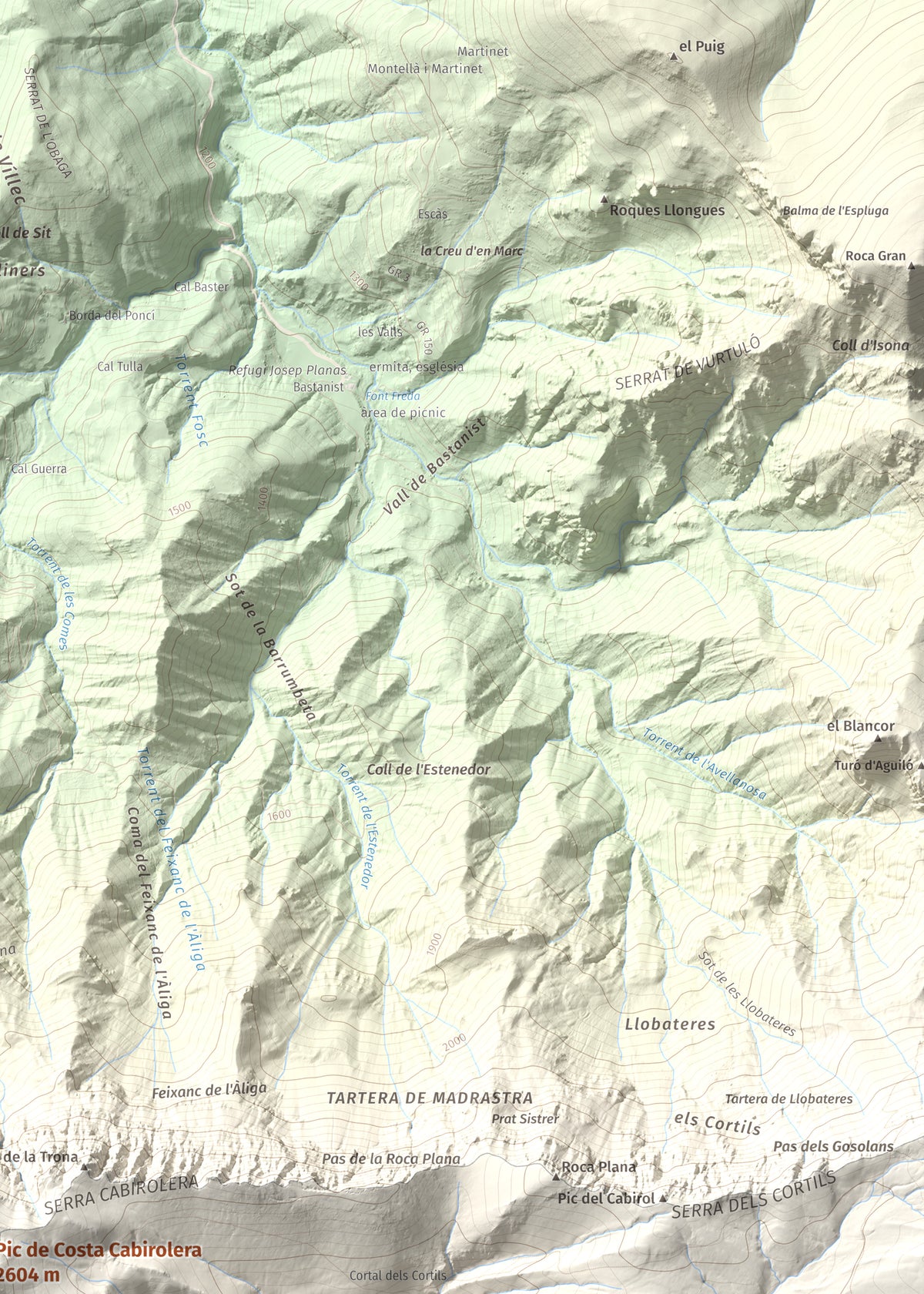 Mapa de relieve de Pic de Costa Cabirolera, 2604 m, Alt Urgell · Berguedà · Cerdanya, lámina 100 Cims de Trobart. Detalle de la zona superior derecha. 50 × 70 cm.