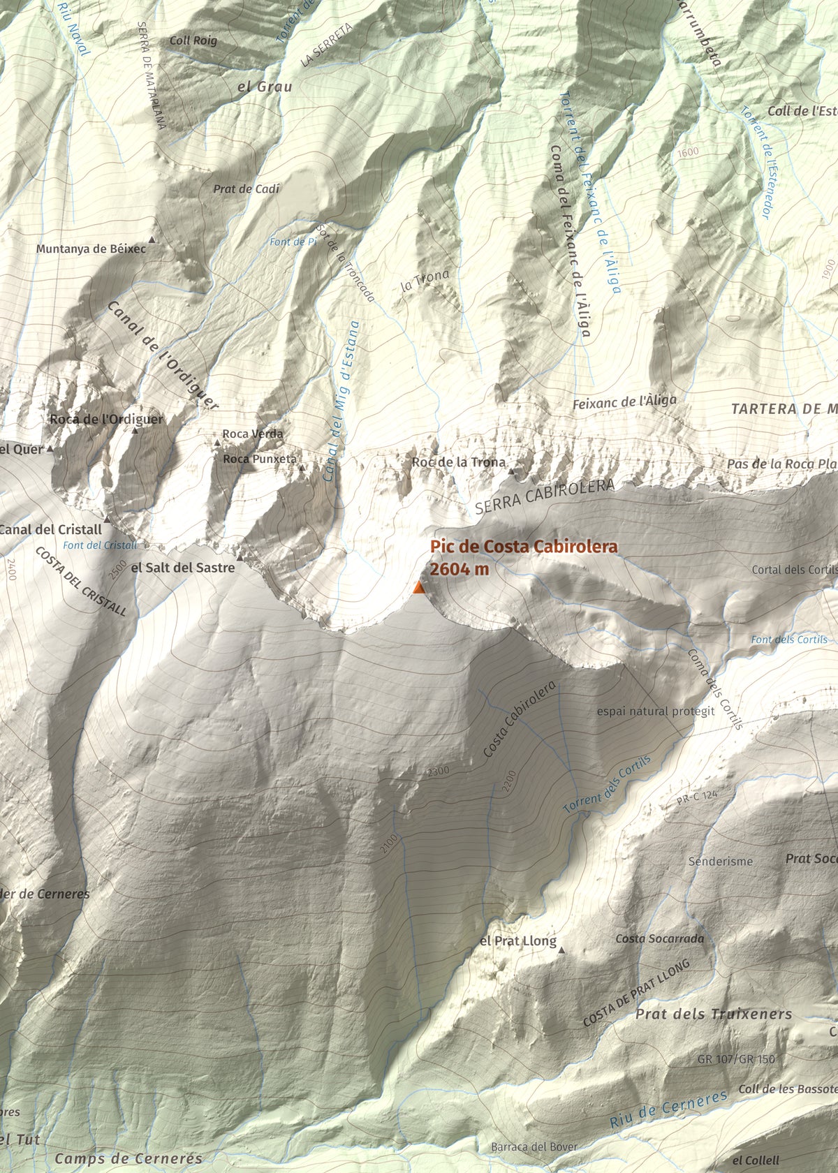 Mapa de relieve de Pic de Costa Cabirolera, 2604 m, Alt Urgell · Berguedà · Cerdanya, lámina 100 Cims de Trobart. Detalle de la zona central. 50 × 70 cm.