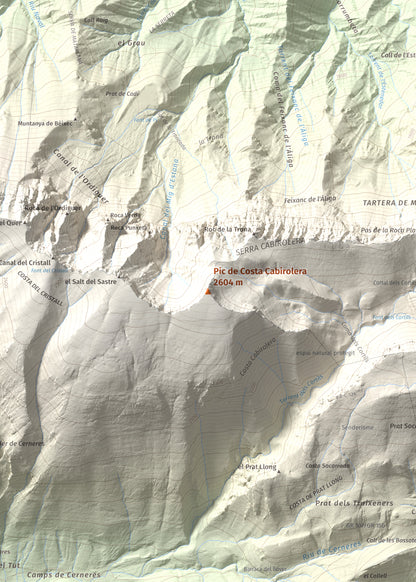 Mapa de relieve de Pic de Costa Cabirolera, 2604 m, Alt Urgell · Berguedà · Cerdanya, lámina 100 Cims de Trobart. Detalle de la zona central. 50 × 70 cm.