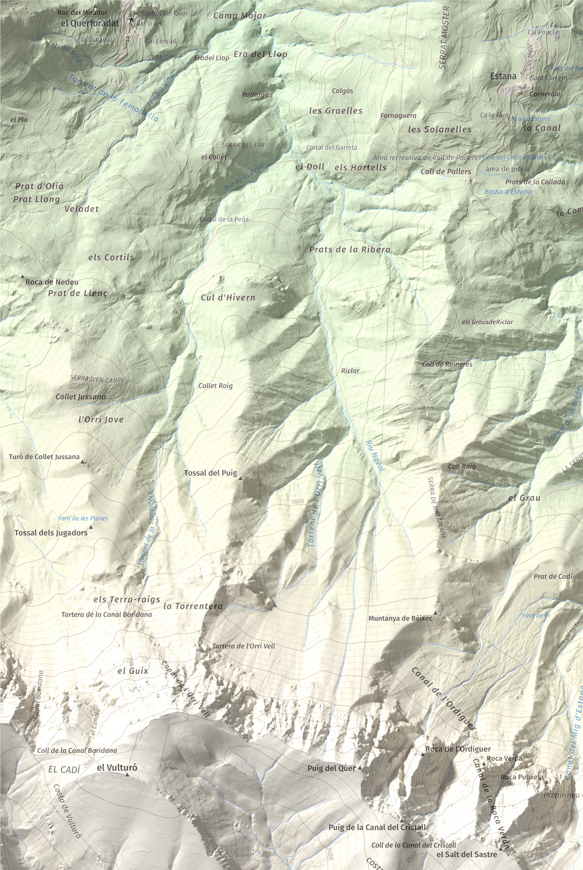 Mapa de relieve de Pic de Costa Cabirolera, 2604 m, Alt Urgell · Berguedà · Cerdanya, lámina 100 Cims de Trobart. Detalle de la zona superior izquierda. 61 × 91 cm.