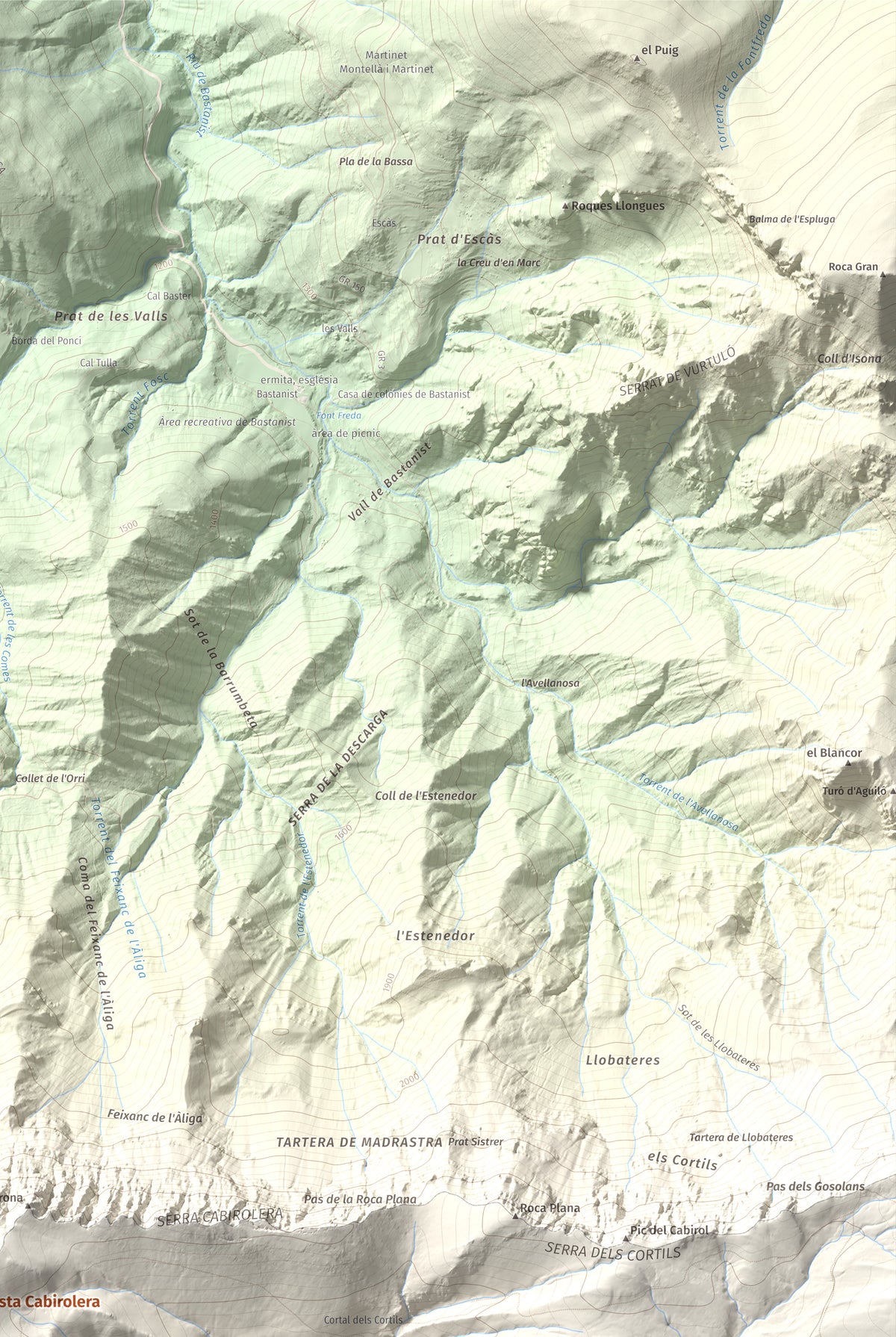 Mapa de relieve de Pic de Costa Cabirolera, 2604 m, Alt Urgell · Berguedà · Cerdanya, lámina 100 Cims de Trobart. Detalle de la zona superior derecha. 61 × 91 cm.