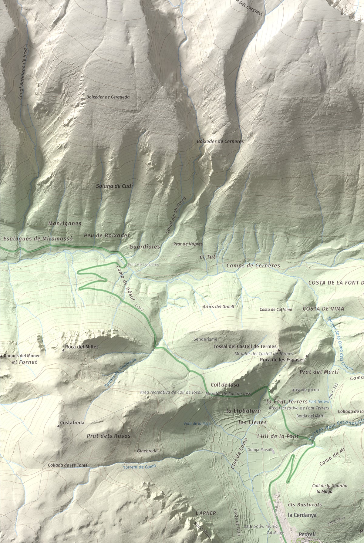 Mapa de relieve de Pic de Costa Cabirolera, 2604 m, Alt Urgell · Berguedà · Cerdanya, lámina 100 Cims de Trobart. Detalle de la zona inferior izquierda. 61 × 91 cm.