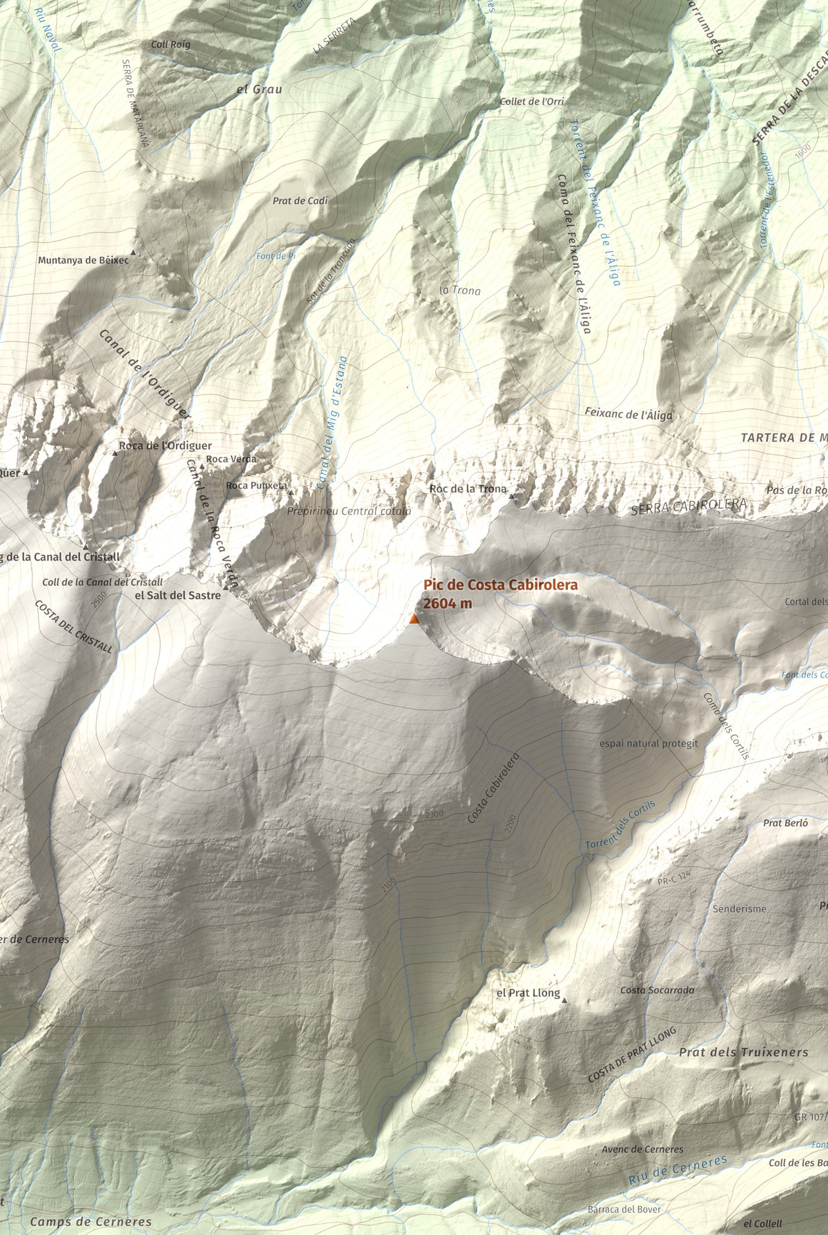 Mapa de relieve de Pic de Costa Cabirolera, 2604 m, Alt Urgell · Berguedà · Cerdanya, lámina 100 Cims de Trobart. Detalle de la zona central. 61 × 91 cm.