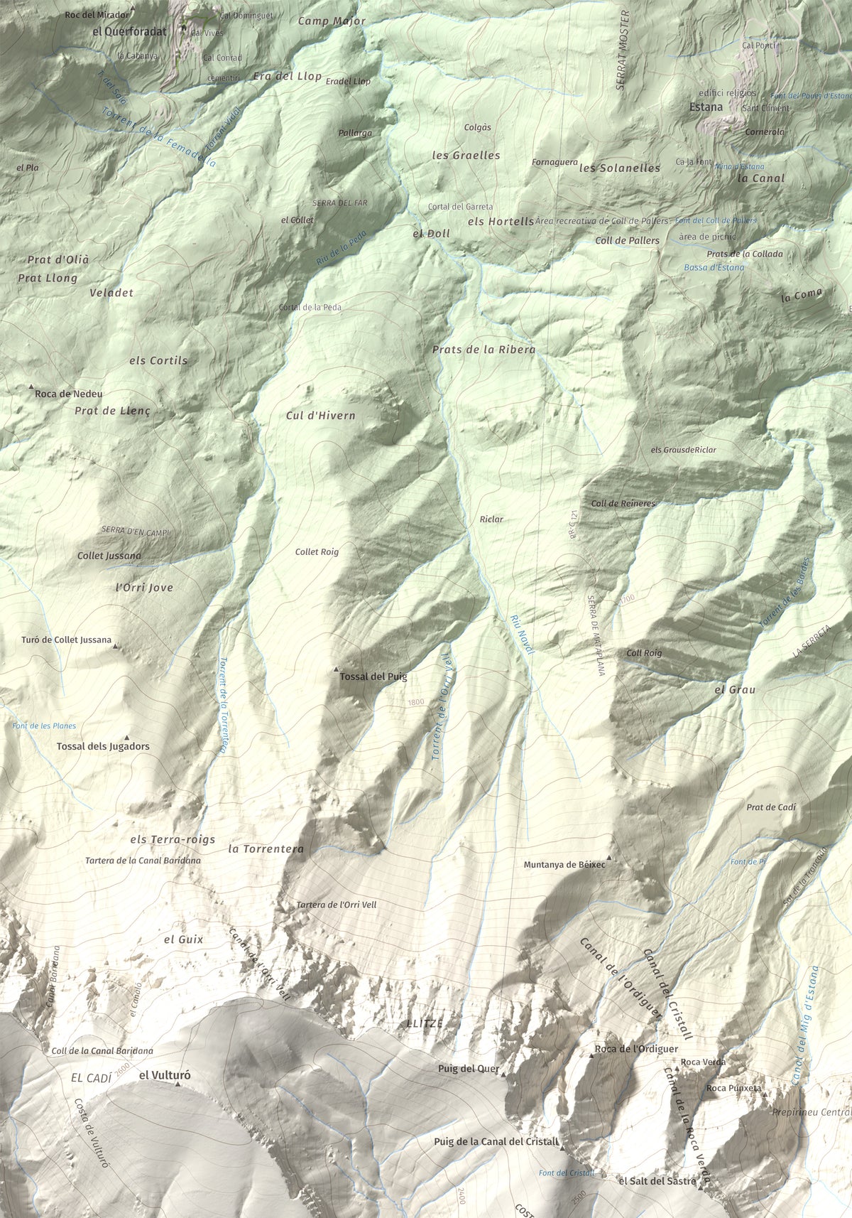 Mapa de relieve de Pic de Costa Cabirolera, 2604 m, Alt Urgell · Berguedà · Cerdanya, lámina 100 Cims de Trobart. Detalle de la zona superior izquierda. 70 × 100 cm.