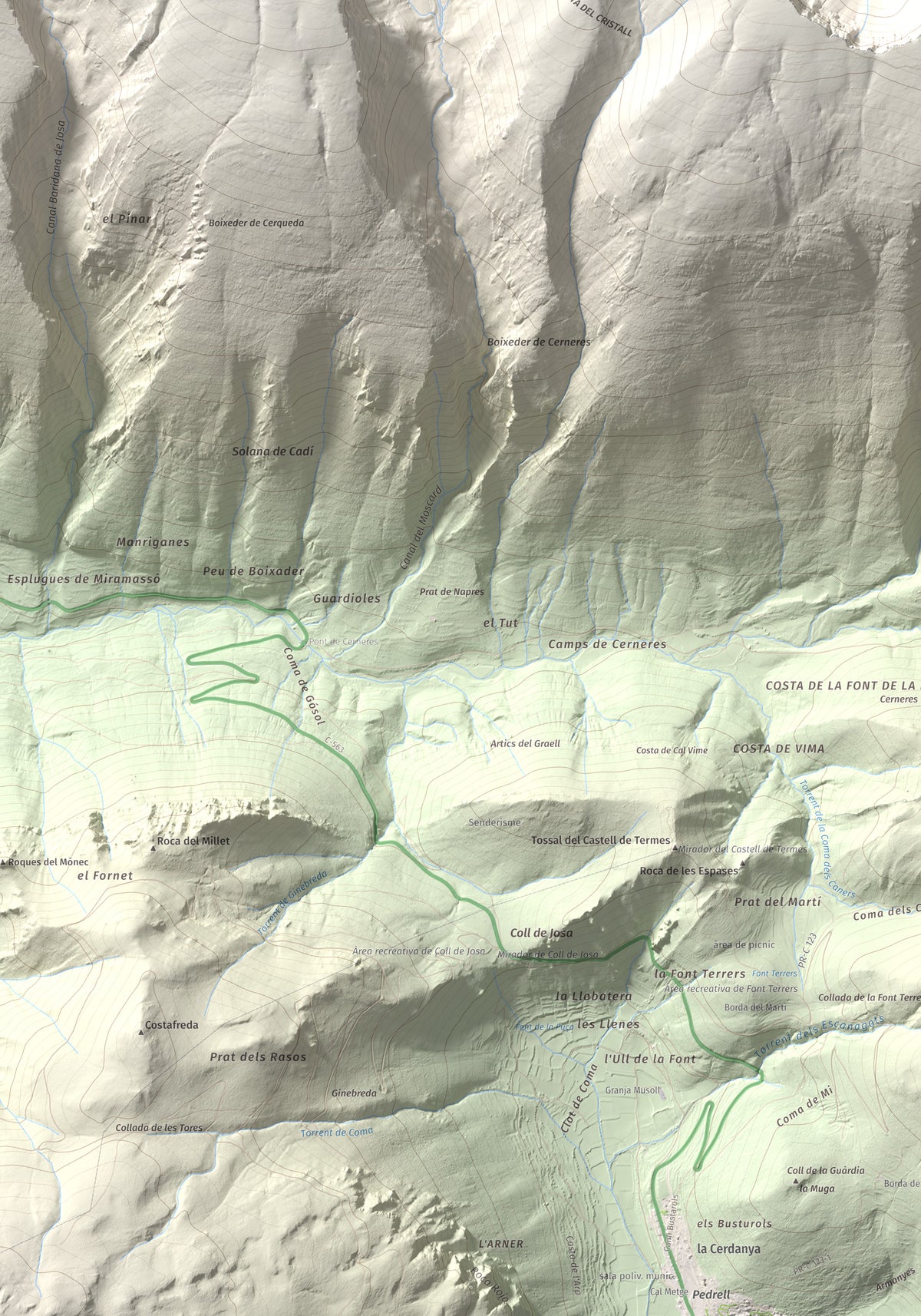 Mapa de relieve de Pic de Costa Cabirolera, 2604 m, Alt Urgell · Berguedà · Cerdanya, lámina 100 Cims de Trobart. Detalle de la zona inferior izquierda. 70 × 100 cm.