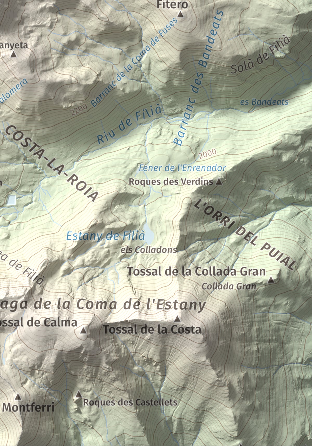 Mapa de relieve de Pic de Filià (Tossal de Paiasso), 2772 m, Pallars Jussà, lámina 100 Cims de Trobart. Detalle de la zona inferior derecha. 21 × 30 cm.