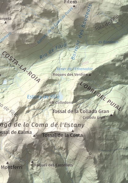 Mapa de relieve de Pic de Filià (Tossal de Paiasso), 2772 m, Pallars Jussà, lámina 100 Cims de Trobart. Detalle de la zona inferior derecha. 21 × 30 cm.
