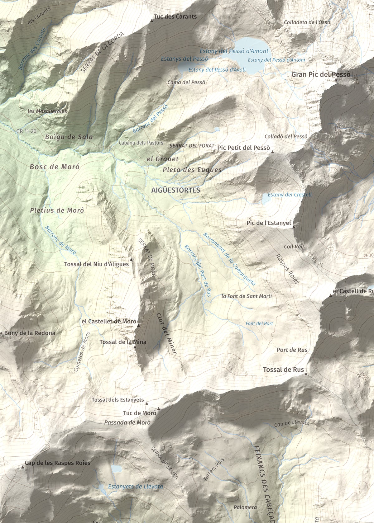 Mapa de relieve de Pic de Filià (Tossal de Paiasso), 2772 m, Pallars Jussà, lámina 100 Cims de Trobart. Detalle de la zona superior izquierda. 50 × 70 cm.