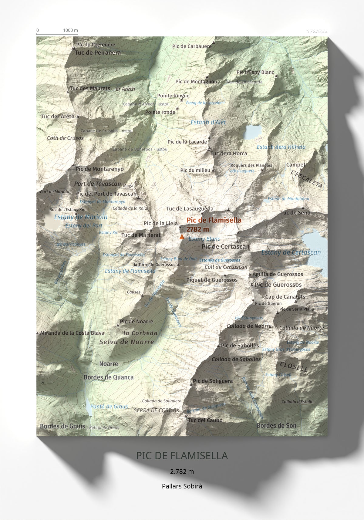 Mapa de relieve de Pic de Flamisella, 2782 m, Pallars Sobirà, lámina 100 Cims de Trobart 21 × 30 cm.