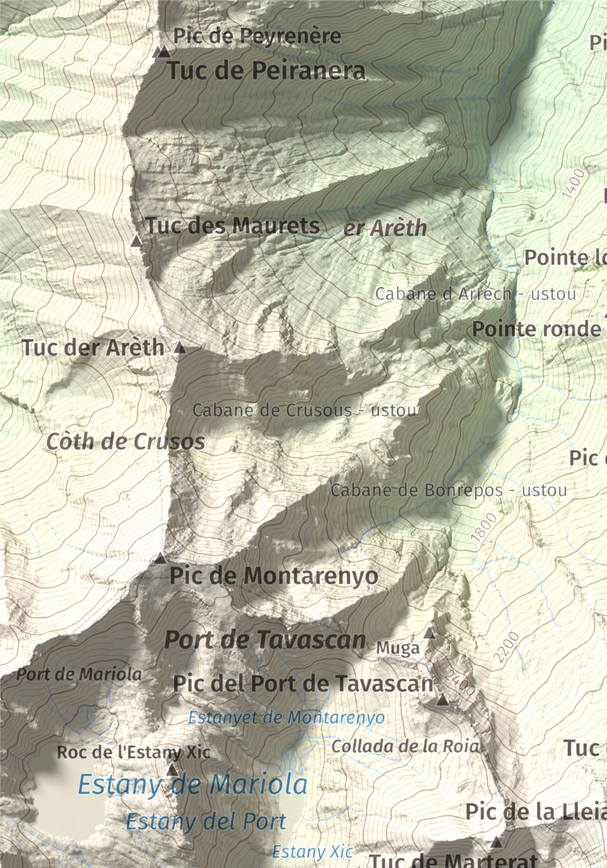 Mapa de relieve de Pic de Flamisella, 2782 m, Pallars Sobirà, lámina 100 Cims de Trobart. Detalle de la zona superior izquierda. 21 × 30 cm.
