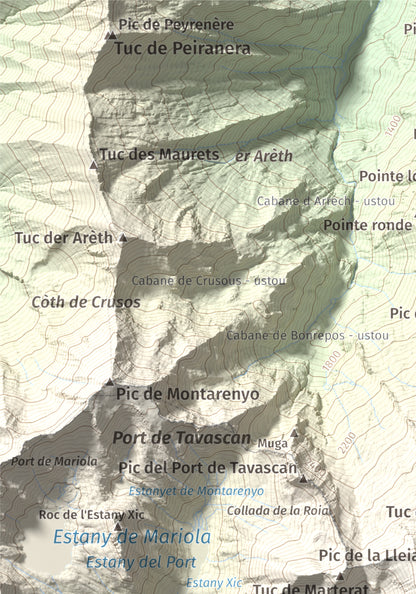 Mapa de relieve de Pic de Flamisella, 2782 m, Pallars Sobirà, lámina 100 Cims de Trobart. Detalle de la zona superior izquierda. 21 × 30 cm.