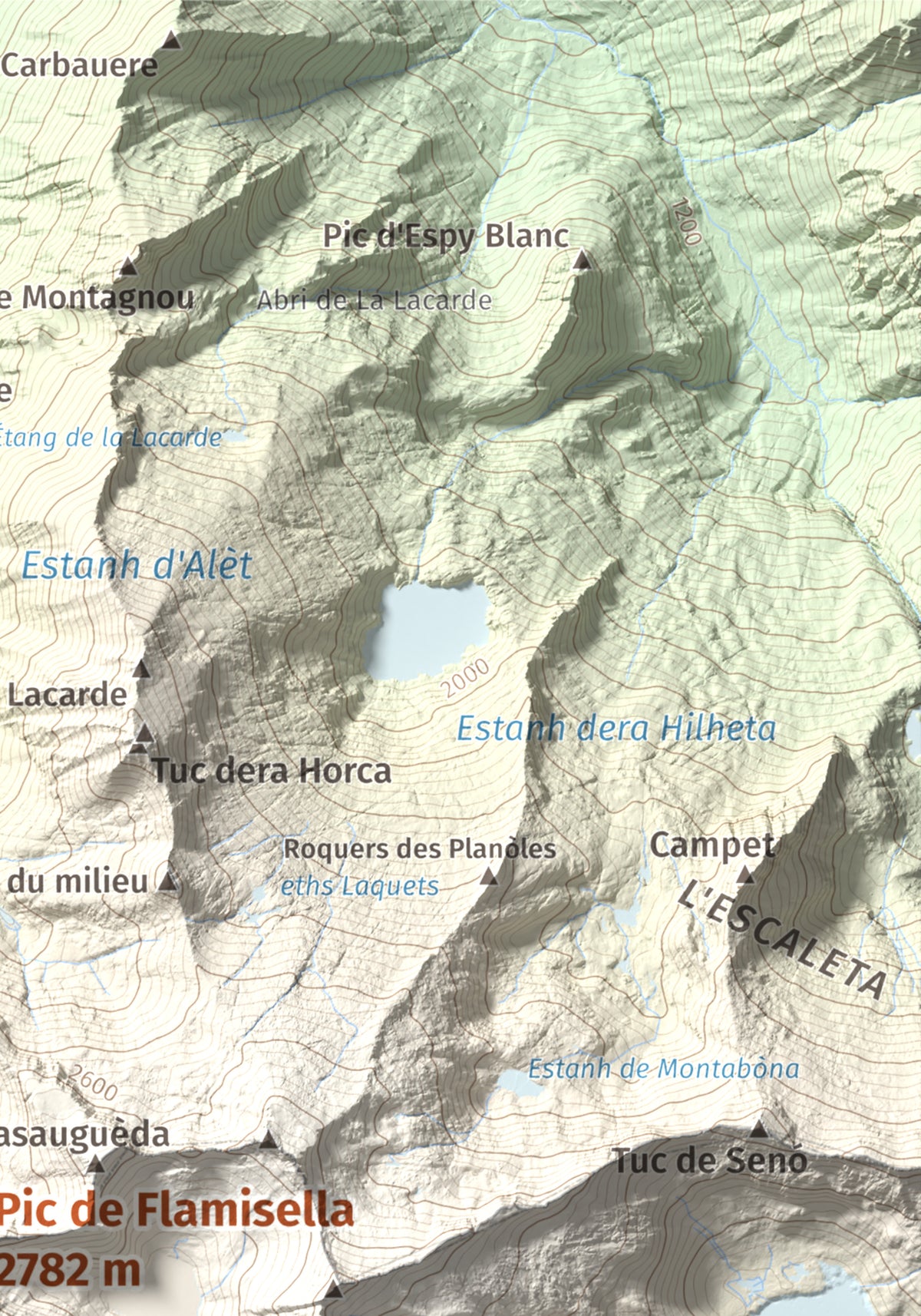 Mapa de relieve de Pic de Flamisella, 2782 m, Pallars Sobirà, lámina 100 Cims de Trobart. Detalle de la zona superior derecha. 21 × 30 cm.