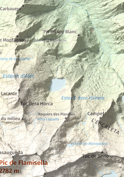 Mapa de relieve de Pic de Flamisella, 2782 m, Pallars Sobirà, lámina 100 Cims de Trobart. Detalle de la zona superior derecha. 21 × 30 cm.