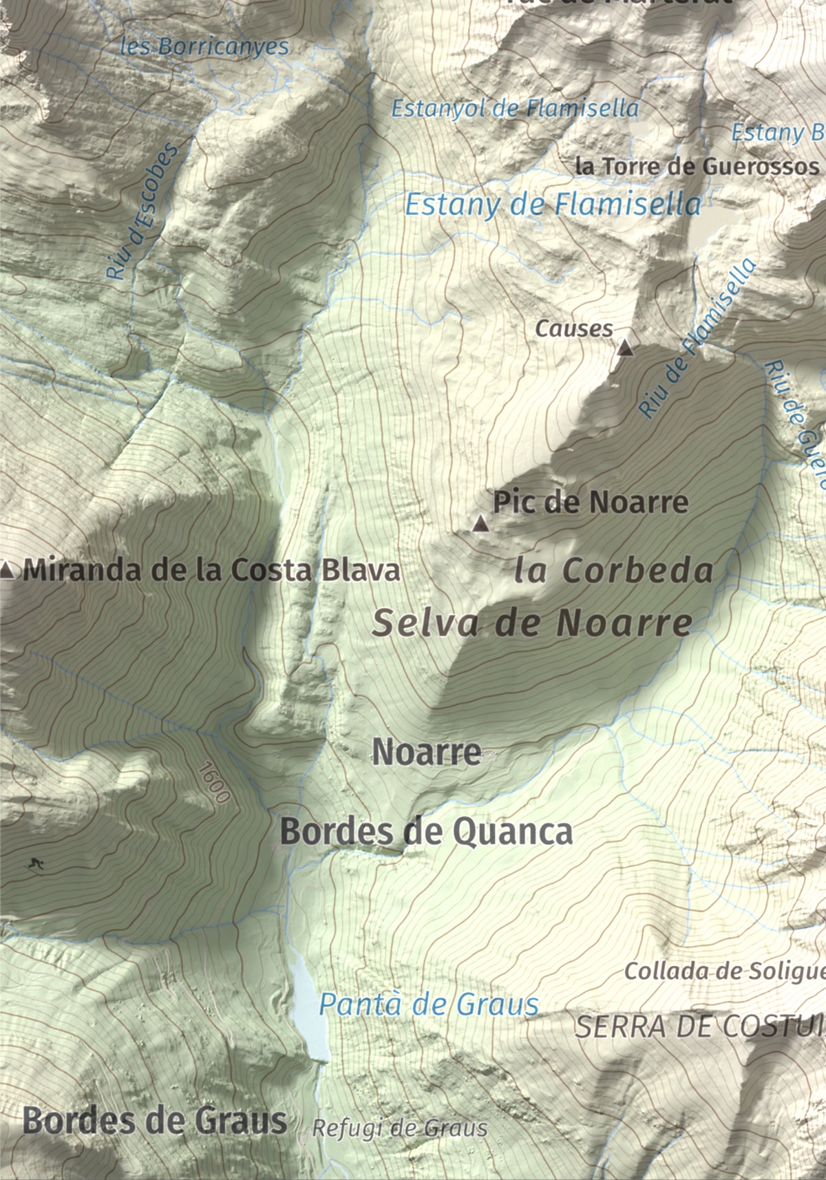Mapa de relieve de Pic de Flamisella, 2782 m, Pallars Sobirà, lámina 100 Cims de Trobart. Detalle de la zona inferior izquierda. 21 × 30 cm.
