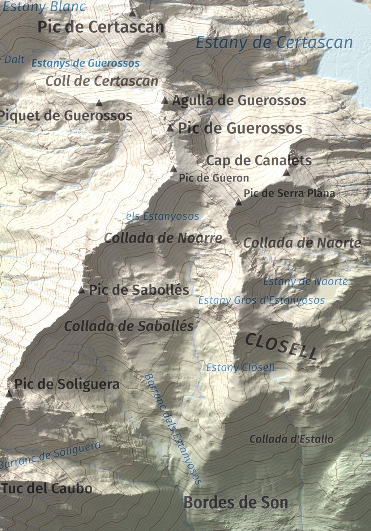 Mapa de relieve de Pic de Flamisella, 2782 m, Pallars Sobirà, lámina 100 Cims de Trobart. Detalle de la zona inferior derecha. 21 × 30 cm.