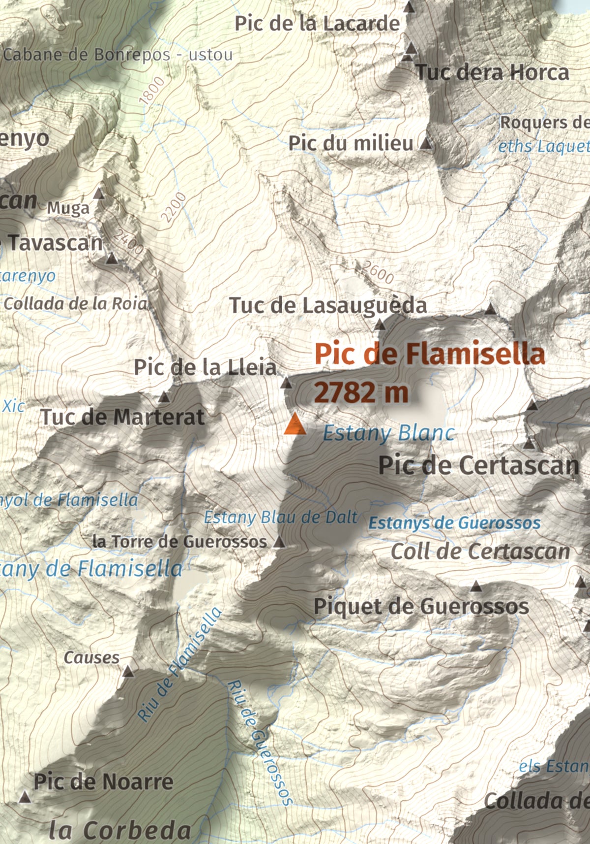 Mapa de relieve de Pic de Flamisella, 2782 m, Pallars Sobirà, lámina 100 Cims de Trobart. Detalle de la zona central. 21 × 30 cm.