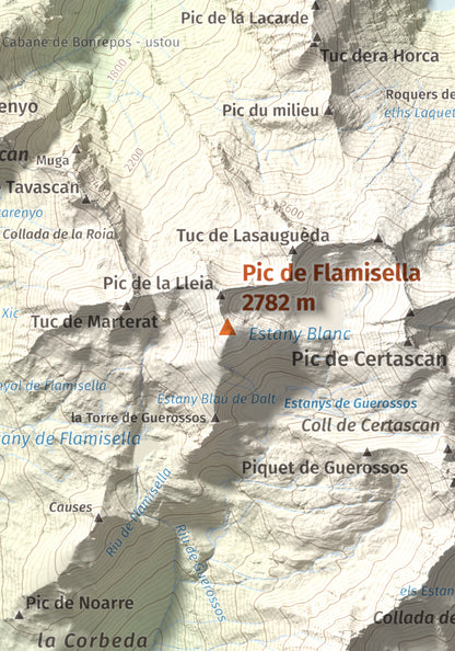 Mapa de relieve de Pic de Flamisella, 2782 m, Pallars Sobirà, lámina 100 Cims de Trobart. Detalle de la zona central. 21 × 30 cm.
