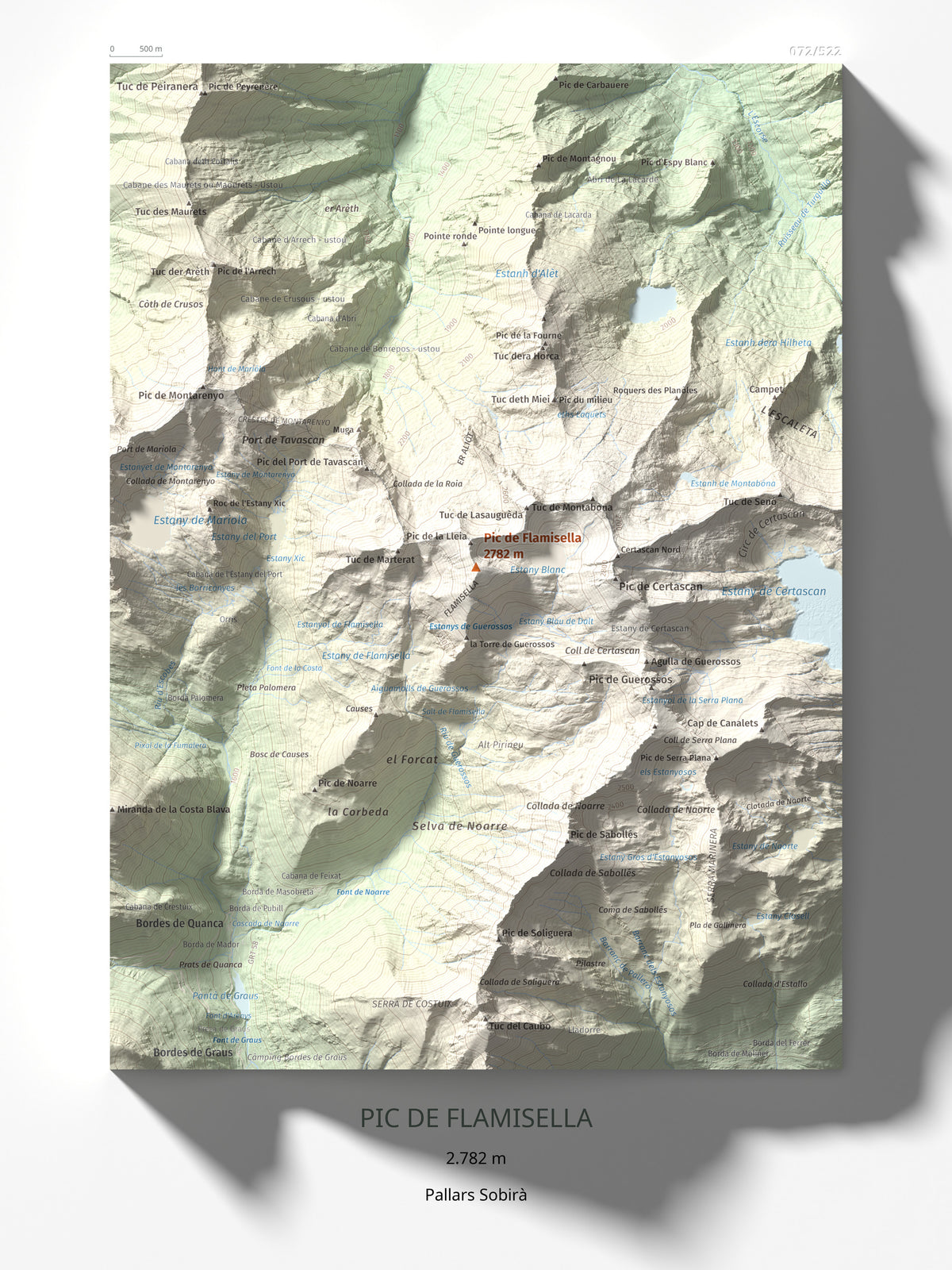 Mapa de relieve de Pic de Flamisella, 2782 m, Pallars Sobirà, lámina 100 Cims de Trobart 30 × 40 cm.
