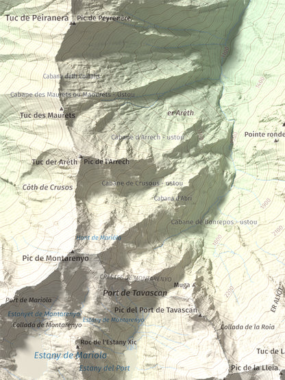 Mapa de relieve de Pic de Flamisella, 2782 m, Pallars Sobirà, lámina 100 Cims de Trobart. Detalle de la zona superior izquierda. 30 × 40 cm.