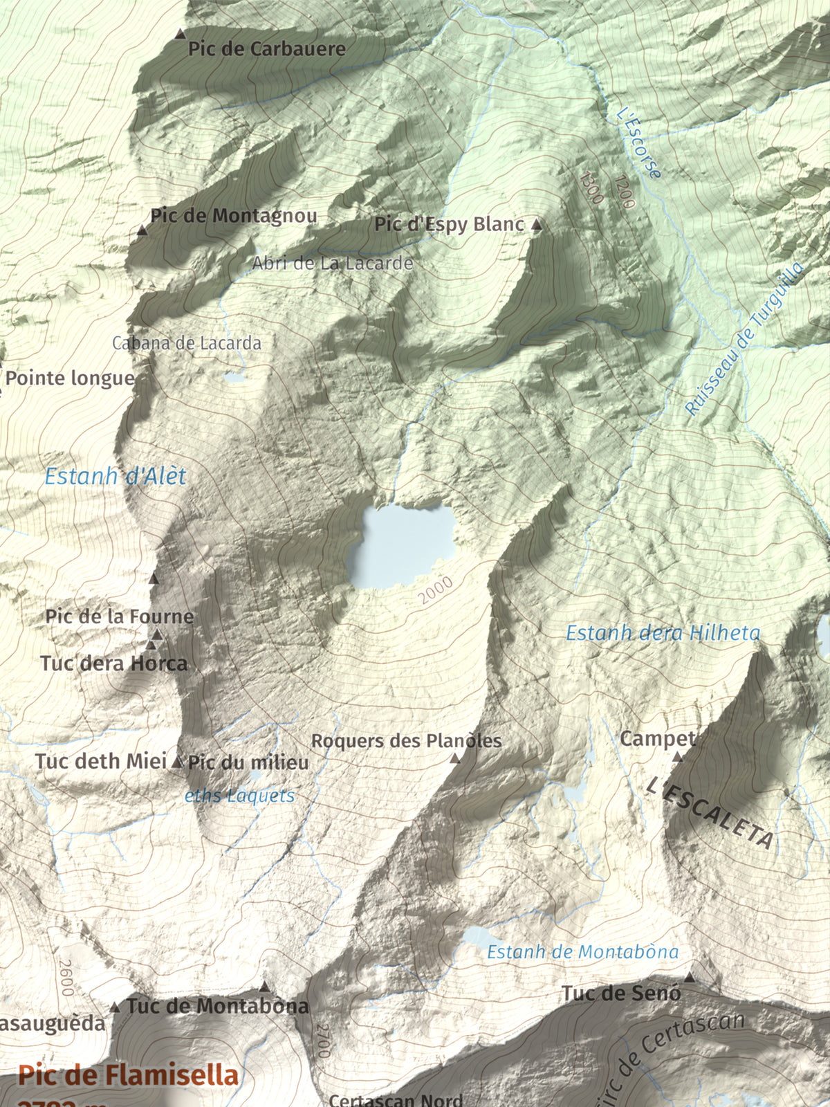 Mapa de relieve de Pic de Flamisella, 2782 m, Pallars Sobirà, lámina 100 Cims de Trobart. Detalle de la zona superior derecha. 30 × 40 cm.