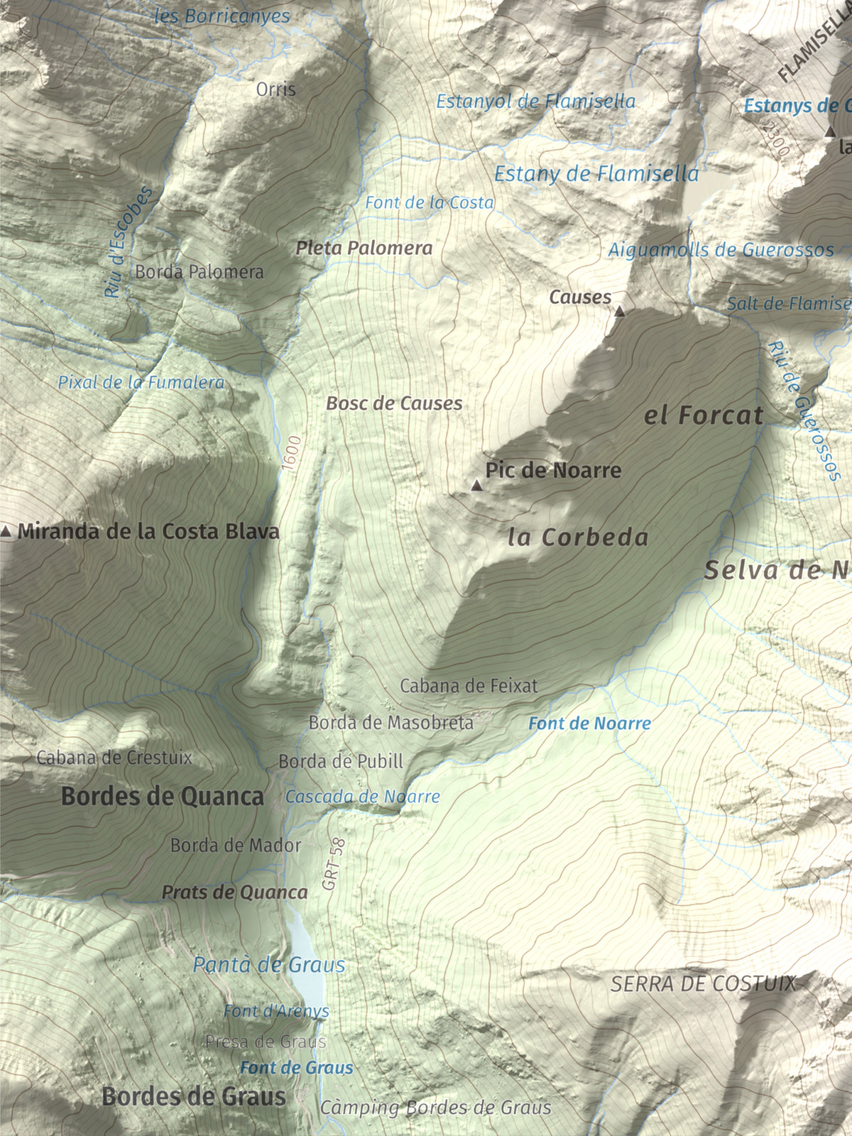 Mapa de relieve de Pic de Flamisella, 2782 m, Pallars Sobirà, lámina 100 Cims de Trobart. Detalle de la zona inferior izquierda. 30 × 40 cm.
