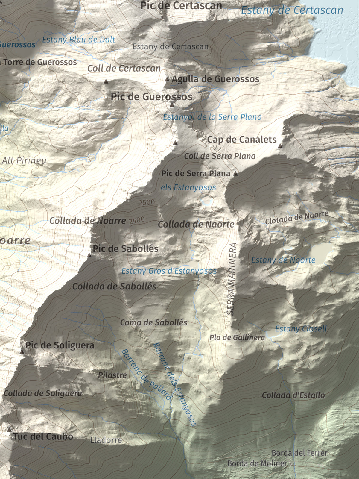 Mapa de relieve de Pic de Flamisella, 2782 m, Pallars Sobirà, lámina 100 Cims de Trobart. Detalle de la zona inferior derecha. 30 × 40 cm.