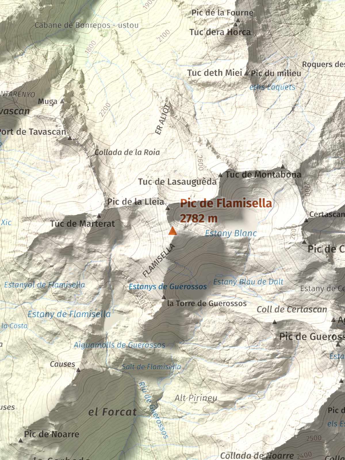 Mapa de relieve de Pic de Flamisella, 2782 m, Pallars Sobirà, lámina 100 Cims de Trobart. Detalle de la zona central. 30 × 40 cm.