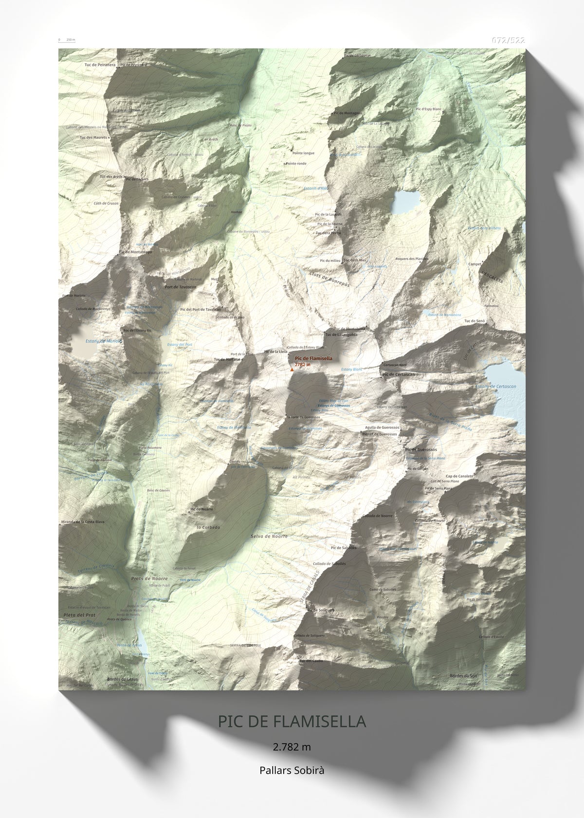 Mapa de relieve de Pic de Flamisella, 2782 m, Pallars Sobirà, lámina 100 Cims de Trobart 50 × 70 cm.