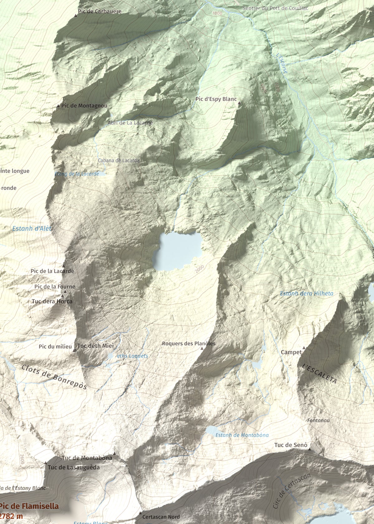 Mapa de relieve de Pic de Flamisella, 2782 m, Pallars Sobirà, lámina 100 Cims de Trobart. Detalle de la zona superior derecha. 50 × 70 cm.