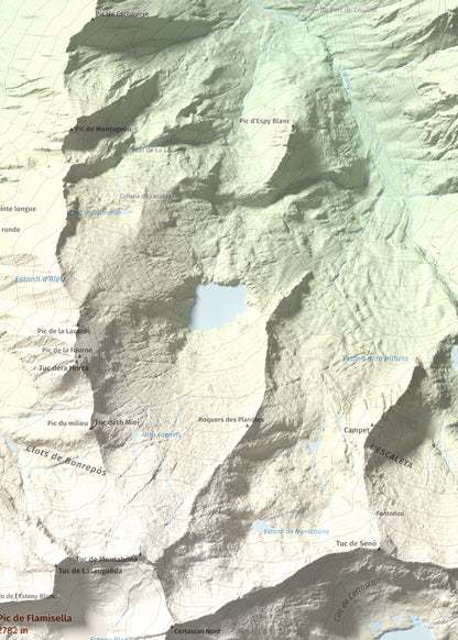 Mapa de relieve de Pic de Flamisella, 2782 m, Pallars Sobirà, lámina 100 Cims de Trobart. Detalle de la zona superior derecha. 50 × 70 cm.
