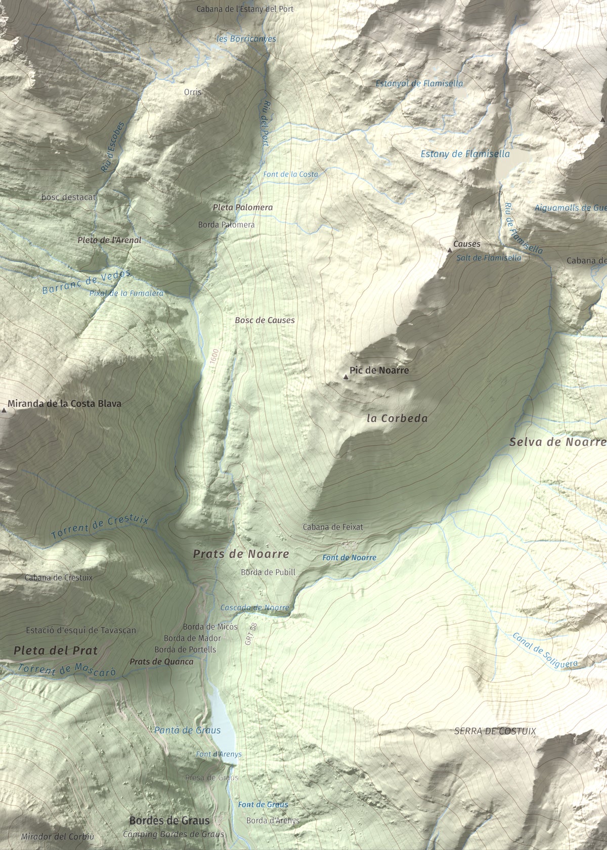 Mapa de relieve de Pic de Flamisella, 2782 m, Pallars Sobirà, lámina 100 Cims de Trobart. Detalle de la zona inferior izquierda. 50 × 70 cm.