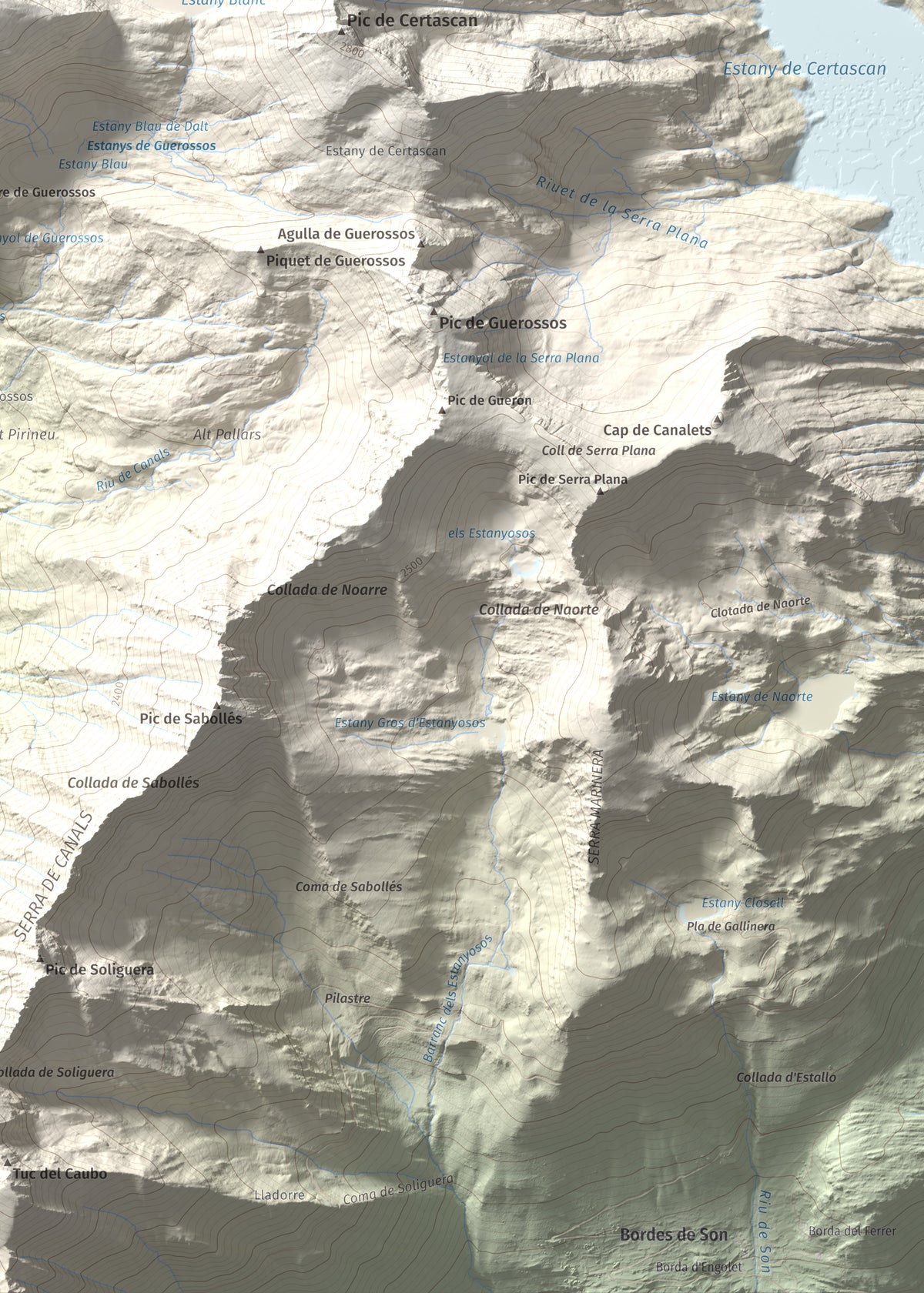 Mapa de relieve de Pic de Flamisella, 2782 m, Pallars Sobirà, lámina 100 Cims de Trobart. Detalle de la zona inferior derecha. 50 × 70 cm.