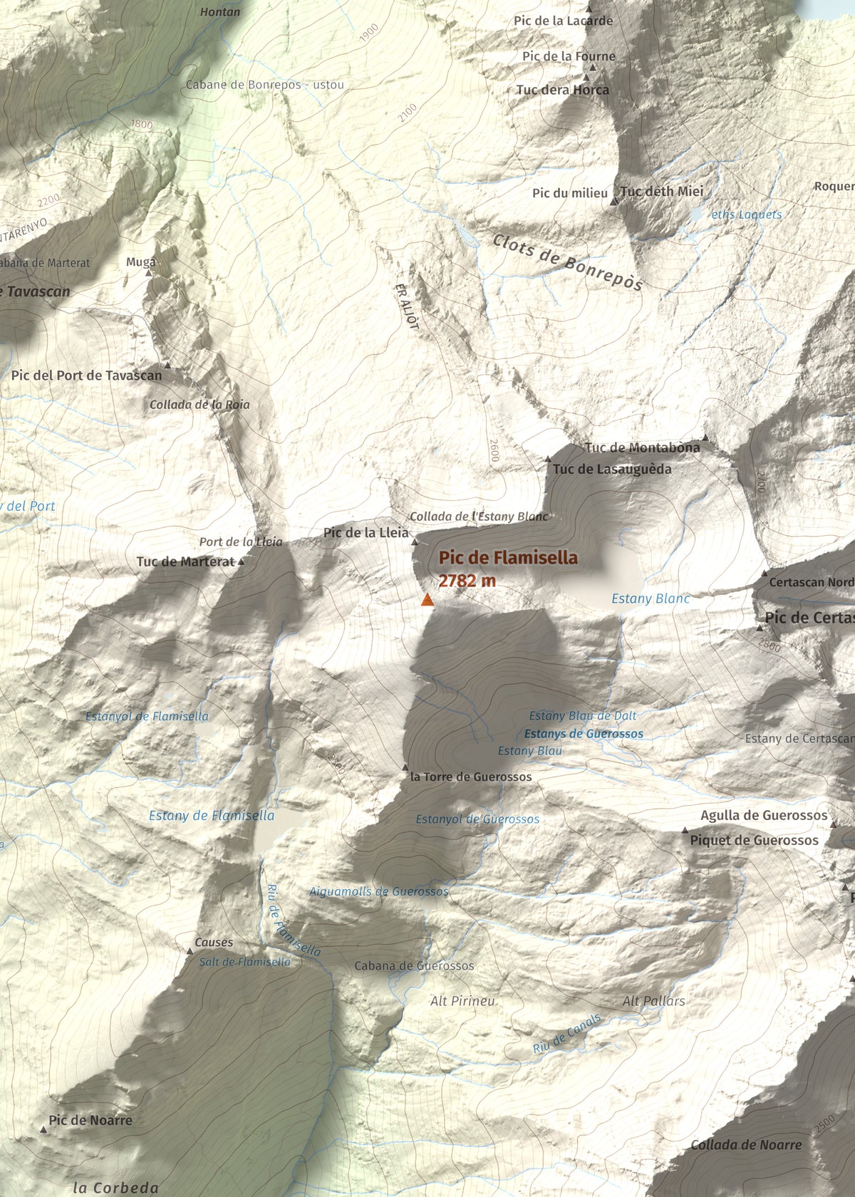 Mapa de relieve de Pic de Flamisella, 2782 m, Pallars Sobirà, lámina 100 Cims de Trobart. Detalle de la zona central. 50 × 70 cm.