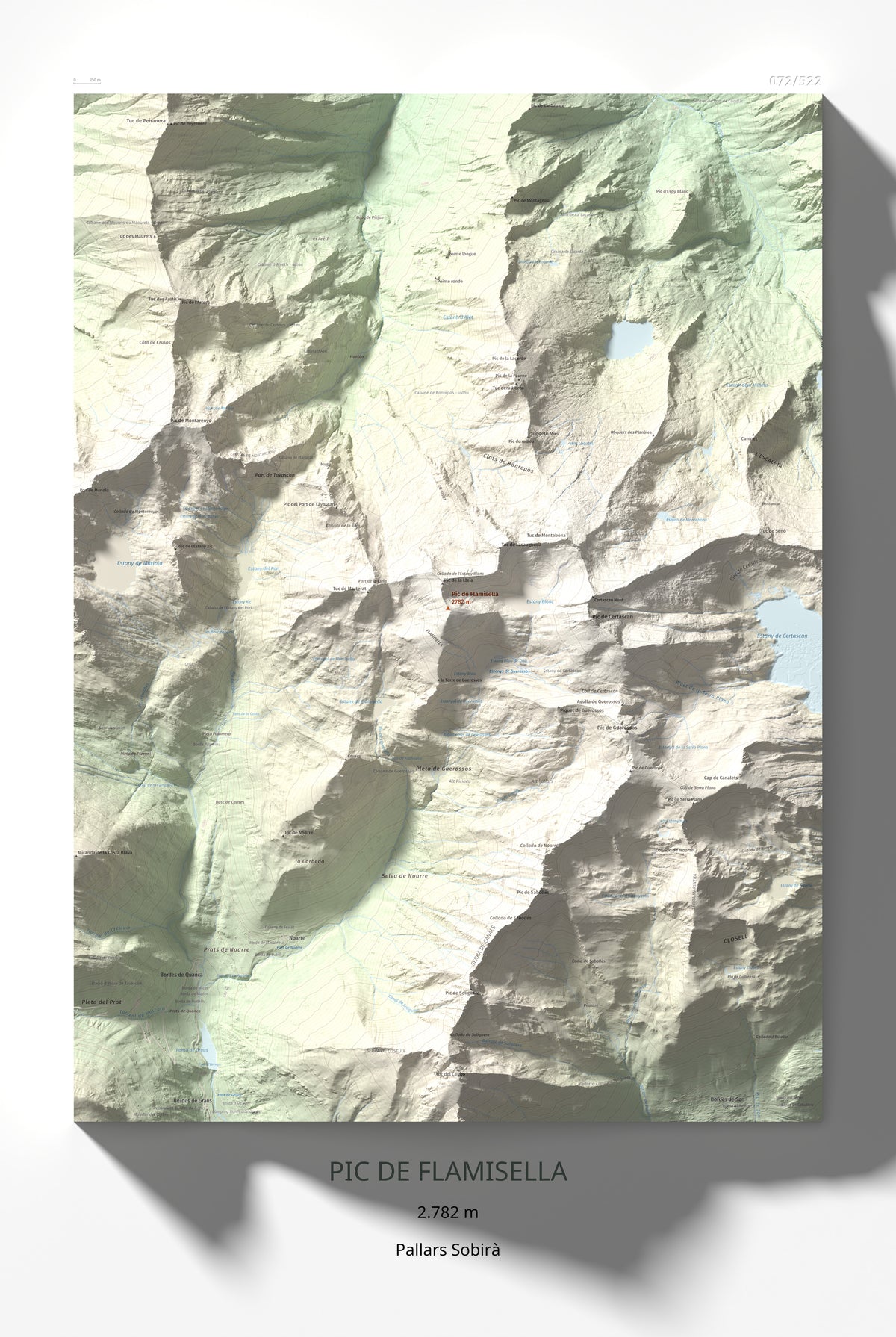 Mapa de relieve de Pic de Flamisella, 2782 m, Pallars Sobirà, lámina 100 Cims de Trobart 61 × 91 cm.