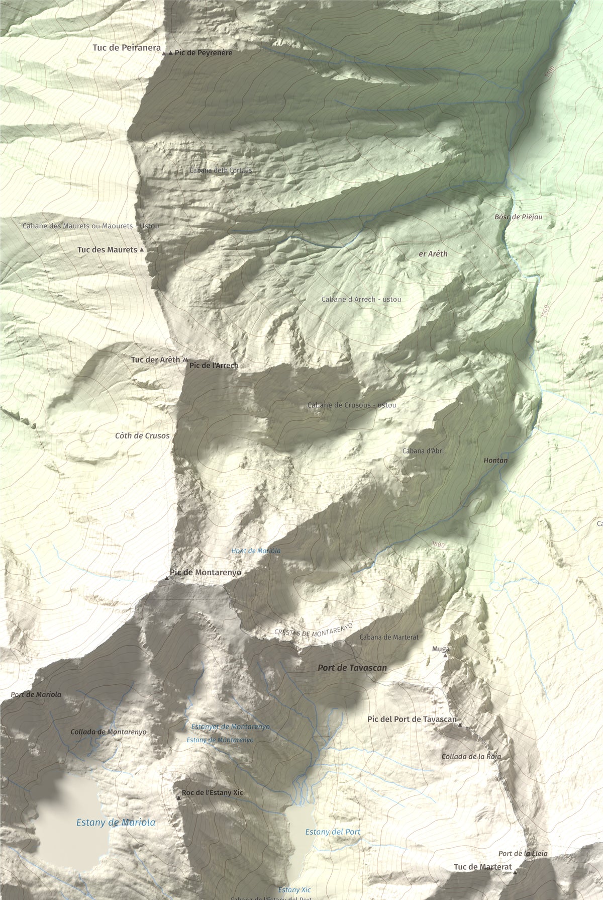 Mapa de relieve de Pic de Flamisella, 2782 m, Pallars Sobirà, lámina 100 Cims de Trobart. Detalle de la zona superior izquierda. 61 × 91 cm.