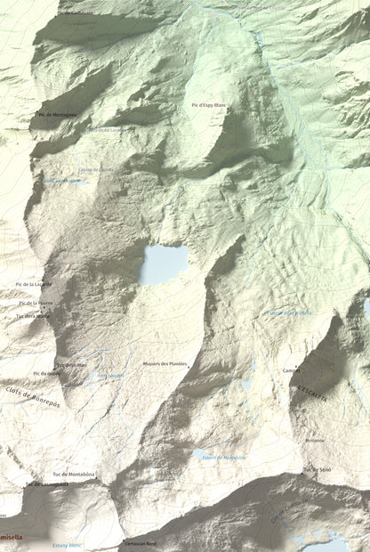 Mapa de relieve de Pic de Flamisella, 2782 m, Pallars Sobirà, lámina 100 Cims de Trobart. Detalle de la zona superior derecha. 61 × 91 cm.