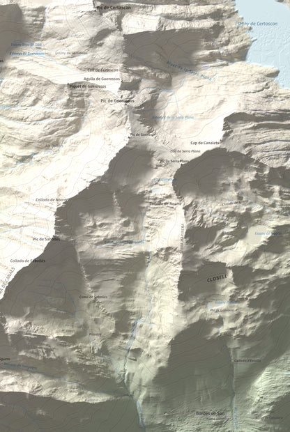 Mapa de relieve de Pic de Flamisella, 2782 m, Pallars Sobirà, lámina 100 Cims de Trobart. Detalle de la zona inferior derecha. 61 × 91 cm.