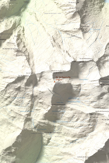 Mapa de relieve de Pic de Flamisella, 2782 m, Pallars Sobirà, lámina 100 Cims de Trobart. Detalle de la zona central. 61 × 91 cm.